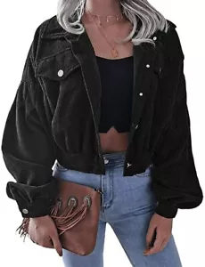 Women's Corduroy Lapel Collar Lantern Sleeve Button Down Crop Jacket Top Black S - Picture 1 of 9