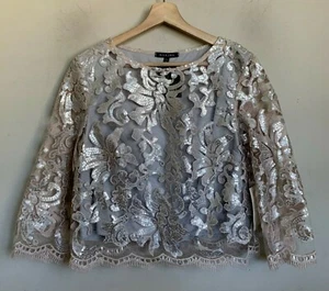 Marina Top Taupe Sequin Embroidered Floral Design Overlay Back Zip Size L NEW - Picture 1 of 10