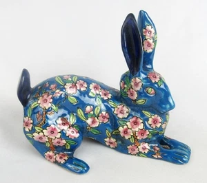 Vintage Longwy France Les Bleus de Louvere Floral Chintz Pottery Rabbit Figurine - Picture 1 of 11