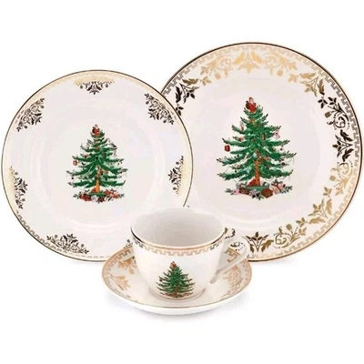 Spode Christmas Tree Gold Collection 4 Piece Place Setting 22 Karat Gold Border - Image 1 of 4
