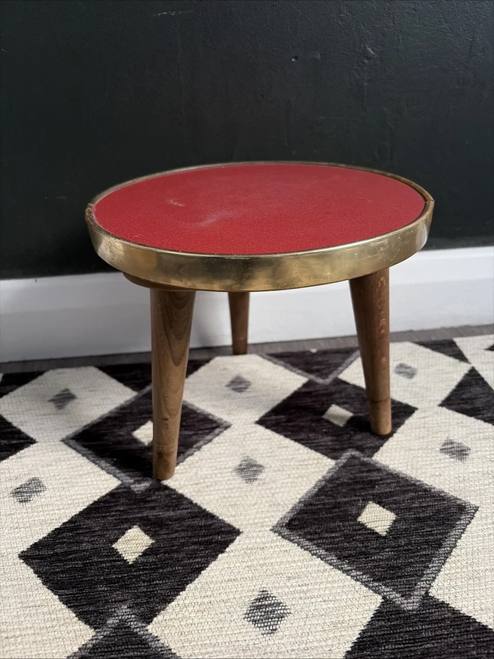 Vintage Plant Stand Table Red Gold Wooden Retro Mid Century - Image 1 of 4