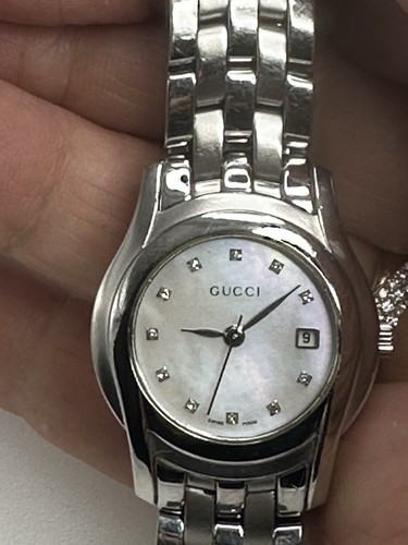 Gucci 5500L Stainless Steel & Diamonds Mother of Pearl Watch Ladies Classic!