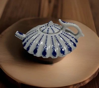 Vintage Flat Blue and White Porcelain Lotus Pattern Decorative Mini-Teapot - Image 1 of 4