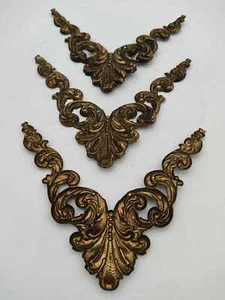 Set of 3 Brass Embossed Floral Design Embellishments Decor Triangle Design - Picture 1 of 3
