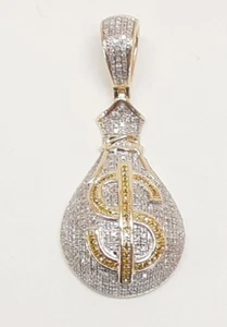 10K Solid Yellow Gold Canary Diamond Money Bag Men's Pendant 1.65" Charm 0.65 CT - Picture 1 of 14