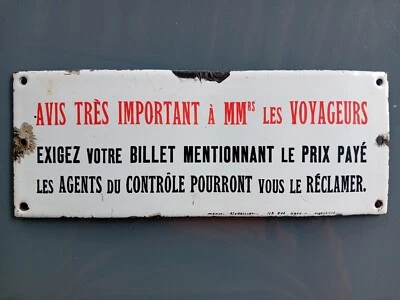 Ancienne plaque émaillée Billet VOYAGEUR, BUS, WAGON, TRAIN, TRAMWAY à Marseille - Photo 1/4