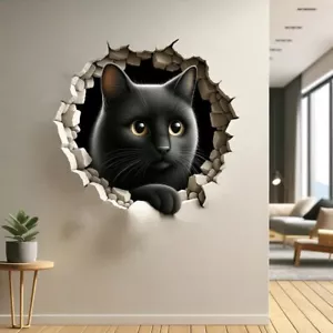 3D Cat Wall Sticker - Cracked Illusion Kitty Vinyl Decor - Peel-and-Stick Mural - Picture 1 of 10