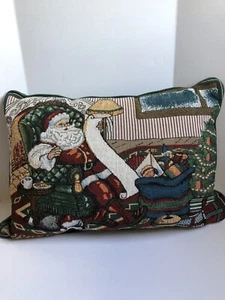 Decorative Christmas Brocade Accent Pillow Santa Claus Reviewing Toy List - Picture 1 of 6