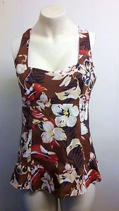 Next Petite Brown & Beige Mix Floral Top Crossover Back - Size 12 Petite. - Picture 1 of 3