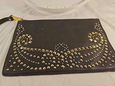 Michael Kors Rhea Bolso sin asas Tachonado Marrón Oscuro Dorado Cuero Cremallera Foto 1 de 4