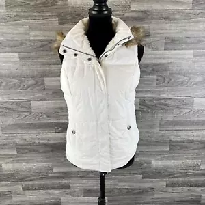 GREEN TEA Zip & Snap Up Faux Fur Trim White Quilted Vest Women's Size Small - Picture 1 of 13