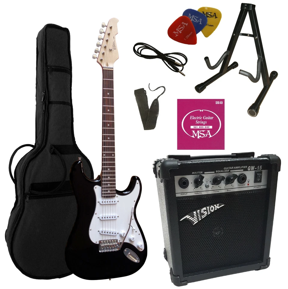 MSA ST5 BK Massivholzkörper Elektrogitarre mit Pickup und Kabel - Schwarz/Weiß