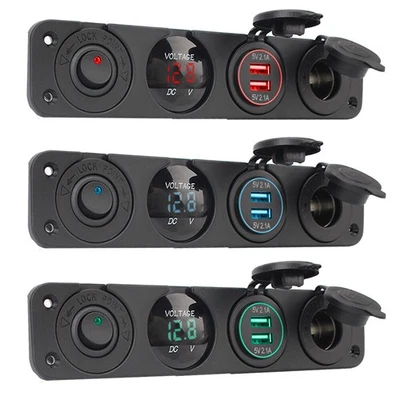 4in1 RV Car Boat Panel Dual USB Socket Charger+LED Voltmeter+12V Power Outlet - Image 1 of 4