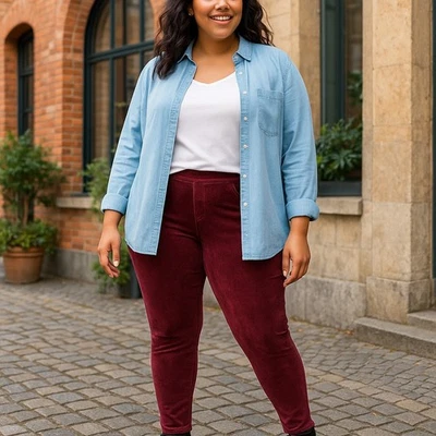 Style & Co Corduroy Leggings XXL, Mid-Rise, Curvy Fit, Faux Fly - Burgundy - Image 1 of 4