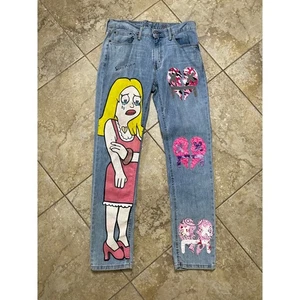 Naes Garden Levi's Jeans W32 L34 Custom Painted Cartoon Herz Denim Unikat Kunst - Bild 1 von 5