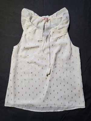 Blusa sin mangas Juicy Couture cuello con volantes borlas para mujer talla pequeña blanca y dorada Foto 1 de 4