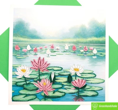 Tarjeta de felicitación Lotus Reflections Quilling - Arte hecho a mano dedicado único Foto 1 de 4