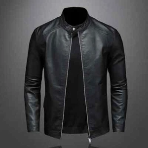 Chaqueta De Cuero Para Hombres Abrigo Ajustado De Cuello Levantado Motocicleta - Picture 1 of 24