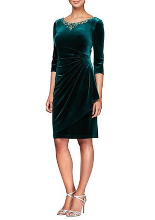Alex Evenings Green Velvet Embellished Pleated Sheath Dress Size 12