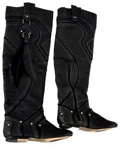 ZiGiny Women's Leather Thigh High Flat Boots size 7 Leather Feather Accents