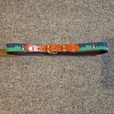 Leather Man Belt Womens Brown Leather Canvas Cape Cod Lighthouse Handmade Golf - Image 1 of 4