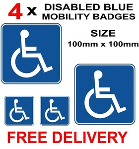 4 x DISABLED BLUE BADGE MOBILITY CAR WINDOW BUMPER VINYL STICKERS 100mm x 100mm - Picture 1 of 1