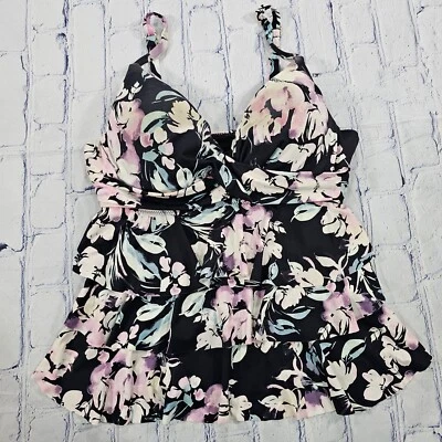 Leilani WOMENS SIZE 6 Tankini Swim Top Black Pink Floral Underwire Ruffled  - Image 1 of 4
