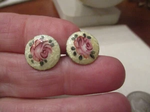 Vintage Sterlingsilber Guilloche Emaille gelb mit rosa Rosen Schraubverschluss Ohrringe - Bild 1 von 4
