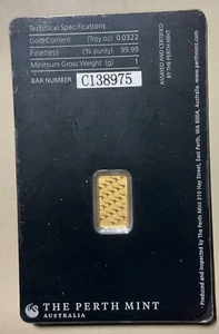 Perth Mint 1 Gram Gold Bar Bullion Minted Kangaroo Assay Bar 99.99% 24k - Picture 1 of 2
