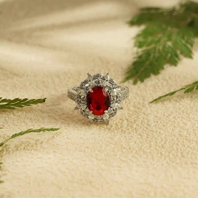 Alianza de diamantes rubí rojo natural corte ovalado de 3,20 quilates de oro blanco macizo de 14 quilates 7 Foto 1 de 4