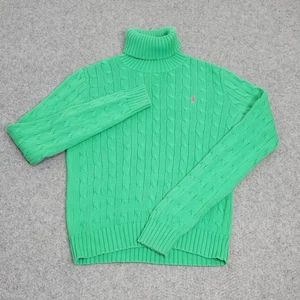 Ralph Lauren Sport Sweater Womens Medium Green Cable Knit Turtleneck Pink Pony - Picture 1 of 14
