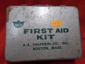 Vintage Halco First Aid Kit Halperin Co. Boston Mass. Metal Box Silver- LOADED - Bild 1 von 4