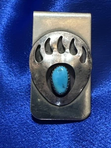 Vtg Handmade Native American Bear Claw Turquoise & Stainless Steal Money Clip - Picture 1 of 15