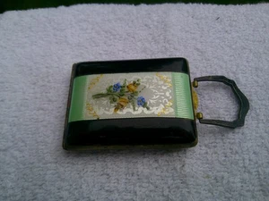 Antique Art Deco Green Guilloche Enamel Purse Locket Compact - Picture 1 of 12