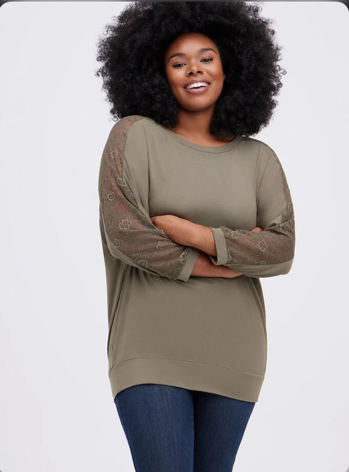 Torrid Crew Neck Lace Dolman Top Super Soft Olive Green 2 2 20 #A48683