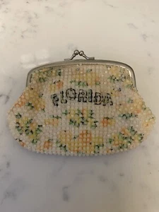 Vintage Florida White Yellow Beaded Bag Hand Bag Wallet Coin Purse Travel - Picture 1 of 9