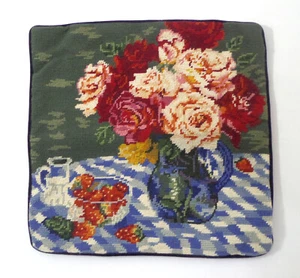 Needlepoint Pillow Case Floral Roses & Strawberries Velvet Back Zip 14” x 13.5" - Picture 1 of 7