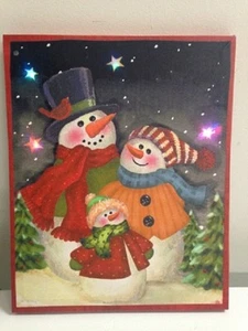 Snowman Family Picture on Canvas with Led Lights Wall Art Christmas Decor