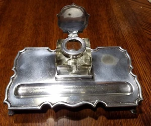 English Antique Silver Plated Inkwell EPNS / Cut Glass Well / Very Nice - Picture 1 of 10