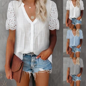 Womens V-Neck Lace Pleated Shirts Blouse Ladies Casual Loose Tunic Tops Summer - Picture 1 of 14