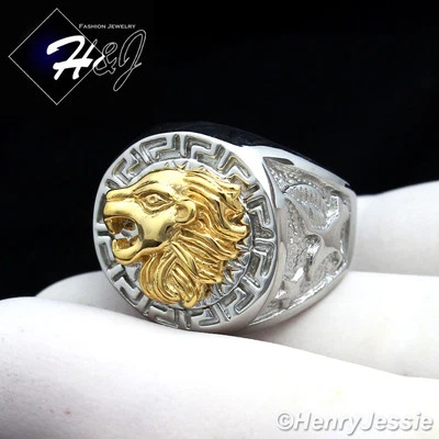 MEN Stainless Steel Silver/Gold Plated Lion Head Eagle Greek Key Round Ring*R83 - Image 1 of 3