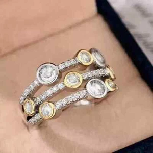 Bezel Set Bubble Bar Wedding Ring 3Ct Lab Created Diamond 14K 2 Tone Gold Plated - Picture 1 of 4