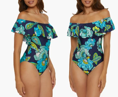TINA TURK Pirouette Ruffle Off the Shoulder One-Piece Swimsuit in Nay sz 14 $162 - Image 1 of 4