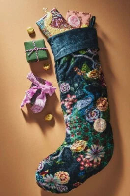 NIP Anthropologie Jaya Xmas Stocking Velvet Peacock Birds Floral Turquoise Large - Image 1 of 4