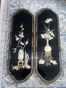 2 Vintage asiatische schwarze Lack Perlmutt Wandpaneele Kunst Blumenvase 36x11,5"" - Bild 1 von 9