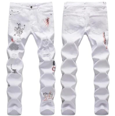 Men's White Black Letter Decor Ripped Straight Leg Stretch Casual Pants Jeans - Image 1 of 4