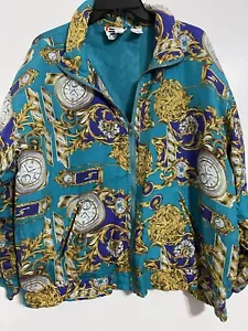 Vintage EVR Seide Langarm Reißverschluss Uhr Print Jacke Medium - Bild 1 von 4