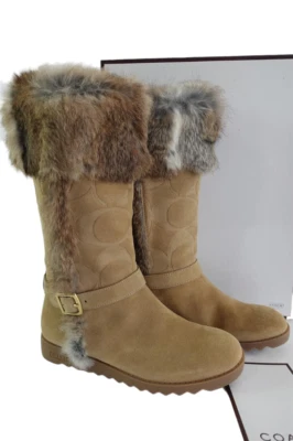 Coach NEW Deeann Signature Embossed Suede Rabbit Fur Trim Women 7.5 Winter Boots - Image 1 of 4
