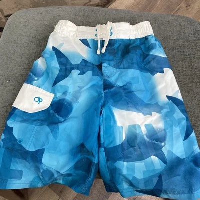 Shorts de tabuleiro Shark Themed Kids OP Ocean Pacific cintura elástica, tamanho M(8) - Imagem 1 de 4