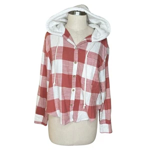 LOVE TREE orange weiß kariert Kapuze Langarm Button Down Flanell Größe Small - Bild 1 von 6